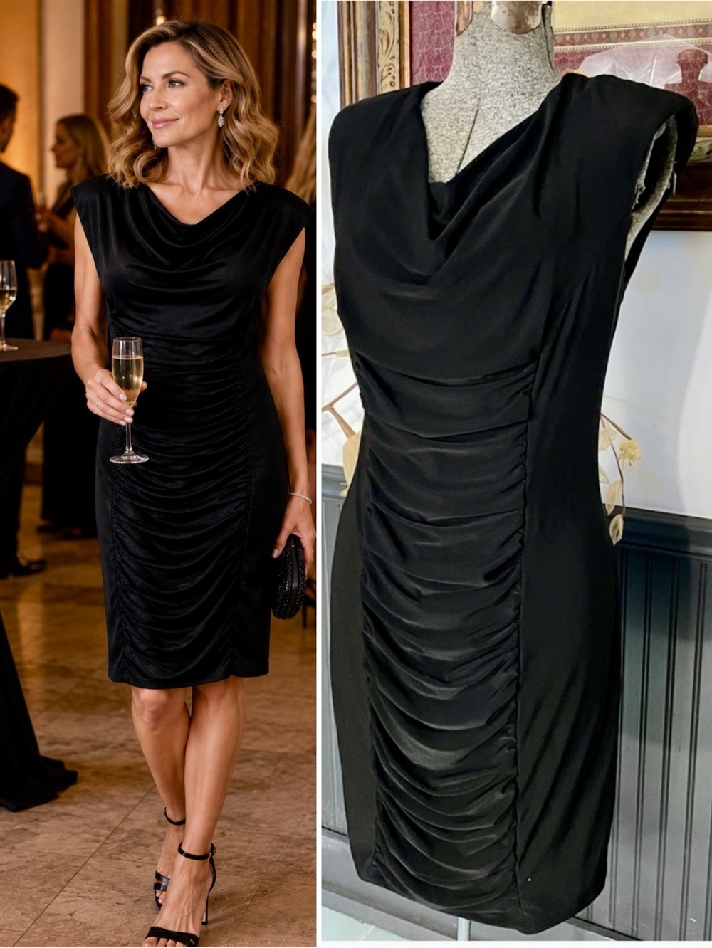 Komarov Draped Ruched Cowl Neck Cocktail Dress Black Size Medium🧡🎀